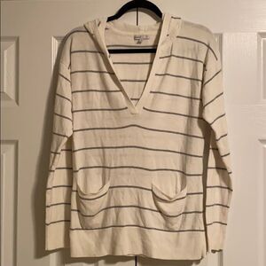 Gap Body Ivory & Grey Striped V Neck Hooded Pullover Sweater Size Large